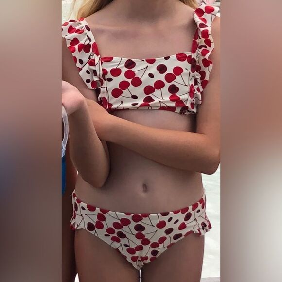 Jessica Simpson 14 White Red Cherry Print Two Piece Swim Bathing Suit Scrunchie - Picture 1 of 12
